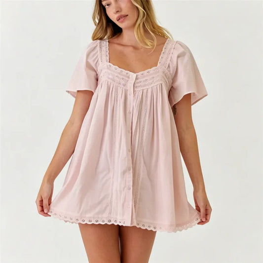 Square Neck Flutter Sleeve Eyelet Babydoll Mini Dress