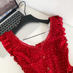 Red Polka Dot Lace Up Ruffle Sleeve Corset Top