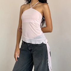 Asymmetric Hem Mesh Halter Tank Top