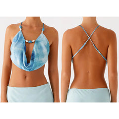 Beading Halter Cowl Neck Cropped Top