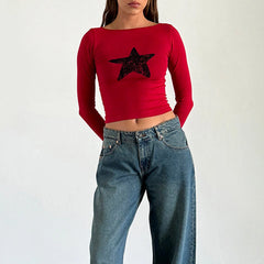 Boat Neck Long Sleeve Floral/Star Print Top