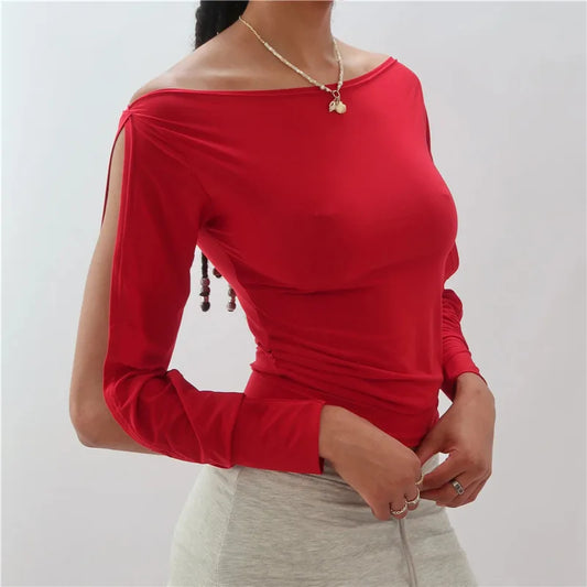 Off-Shoulder Slit Long Sleeve Top