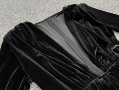 Black Velvet Deep Neck Long Sleeve Mini Dress