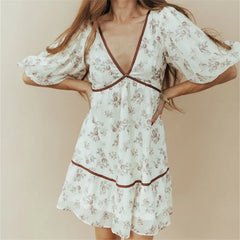 White Floral V Neck Lantern Sleeve Mini Dress