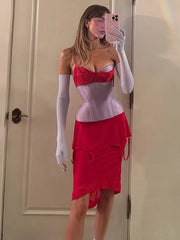 Purple Corset Fake Layer Bra Vest And Irregular Hem Red Skirt Set