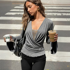 Plunge Flare Long Sleeve Lace Trim Top