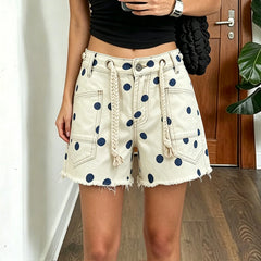 Polka Dot Denim Shorts with Braided Drawstring