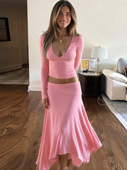 Solid V-Neck Crop Top And Midi Skirt Set