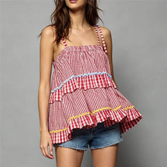 Red Checkered Spaghetti Strap Bow Tie Blouse