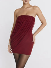 Burgundy Strapless Draped Mini Dress