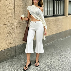 Low Waist Metal Eyelet Capri Flare Pants
