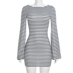 Striped O-Neck Bell Sleeve Mini Dress