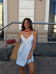 Blue Satin Lace Trim V-Neck Spaghetti Strap Mini Slip Dress