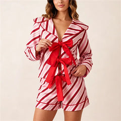 Candy Cane Striped  Front Bow Tie Long Sleeve Top and Shorts Loungewear Set