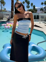 Colour Blocking Tube Top With Metal Ring Midi Skirt Set