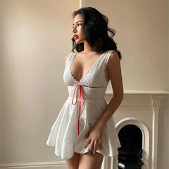 White V-neck Red Ribbon Mini Dress