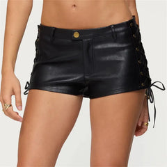 Faux Leather Low Rise Shorts with Lace-Up Side Detail