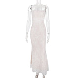 White Lace Print Long Sleeve Maxi Dress