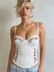 Spaghetti Strap Floral Embroidery Bodycon Top