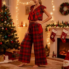 Red Boknot Gingham Babydoll Crop Top And Pants Pajama Set