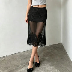 Black Lace Embroidered Sheer Midi Skirt