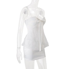 White Bow Sweetheart Spaghetti Strap Lace Overlay Sheer Mini Dress