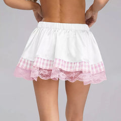 Plaid Lace Patchwork Trim A-line Mini Skirt
