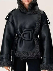 Black leather coat with fur trim on a white background