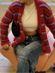 Striped Fuzzy V-Neck Knit Cardigan