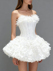 3d Flower Flare Fringe Neck Corset Mini Dress