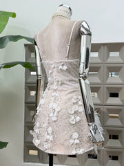 White Spaghetti Strap 3D Flower Feather Mini Dress