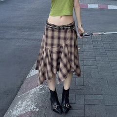 Irregular Hem Plaid Printed Midi Skirt