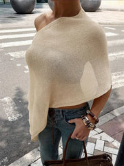 Knit See-Through Off-Shoulder Knit Poncho Top