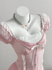 Pink Puff Sleeve Bow Mini Dress