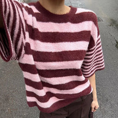 Half Sleeve Round Neck Striped Knit Top