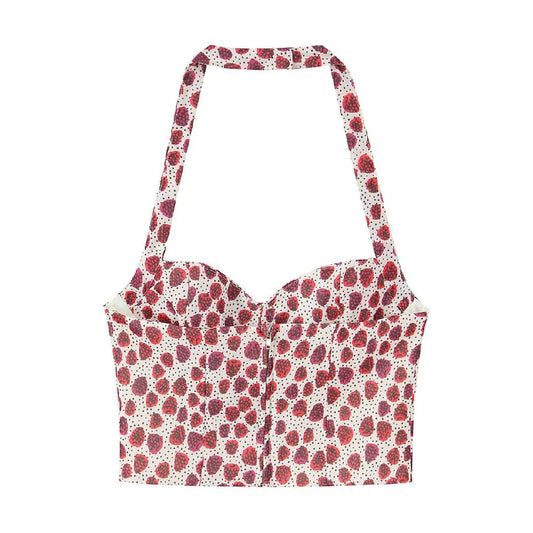 Dot Fruit Print Halter Bustier Crop Top