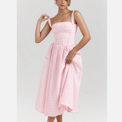 Pink Plaid Strappy Midi Dress