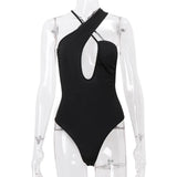 Black Backless Hollow Asymmetric Strap Bodysuit