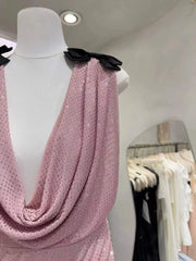 Pink Sequin Cowl Deep Neck Bow Strap Sheer Mini Dress