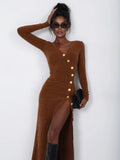 Side Slit Long Sleeve Buttons Knitwear Solid Ankle Length Dress