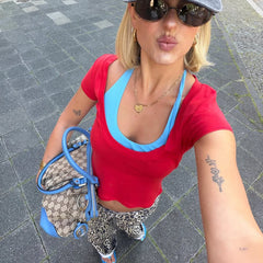 Red Short Sleeve Blue Strap Top