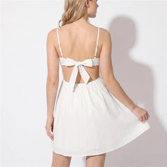 White Spaghetti Strap Front Cutout Back Bow Tie A Line Mini Dress