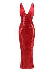 Red Deep V-Neck Sequin Long Dress