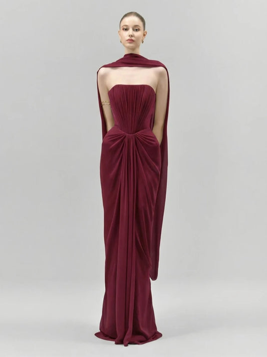 Strapless Folds Design Long Dress With Scarf