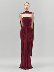 Strapless Folds Design Long Dress With Scarf