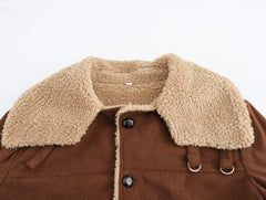 Women's corduroy jacket with fur lining and turn-down collar.