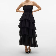 Smocked Ruffled Strapless Tiered Long Dress