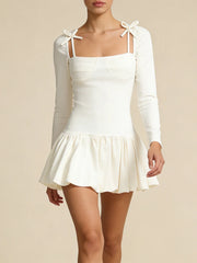 Beige Square Collar  Tie Shoulder Long Sleeve Pleated Mini Dress