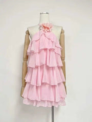 Ruffle Halter Flower Decoration Layered Mini Dress