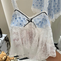 Blue Dotted Lace Patchwork 4 Piece Sleep Loungewear Set